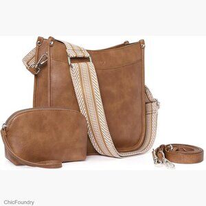 Vegan Leather Crossbody Hobo Bag with Adjustable Strap, 2-Piece Set